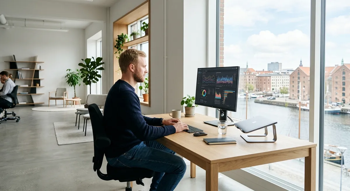 Webudvikler i et lyst skandinavisk kontor der analyserer trafik for at forhindre at bots belaster hjemmesiden